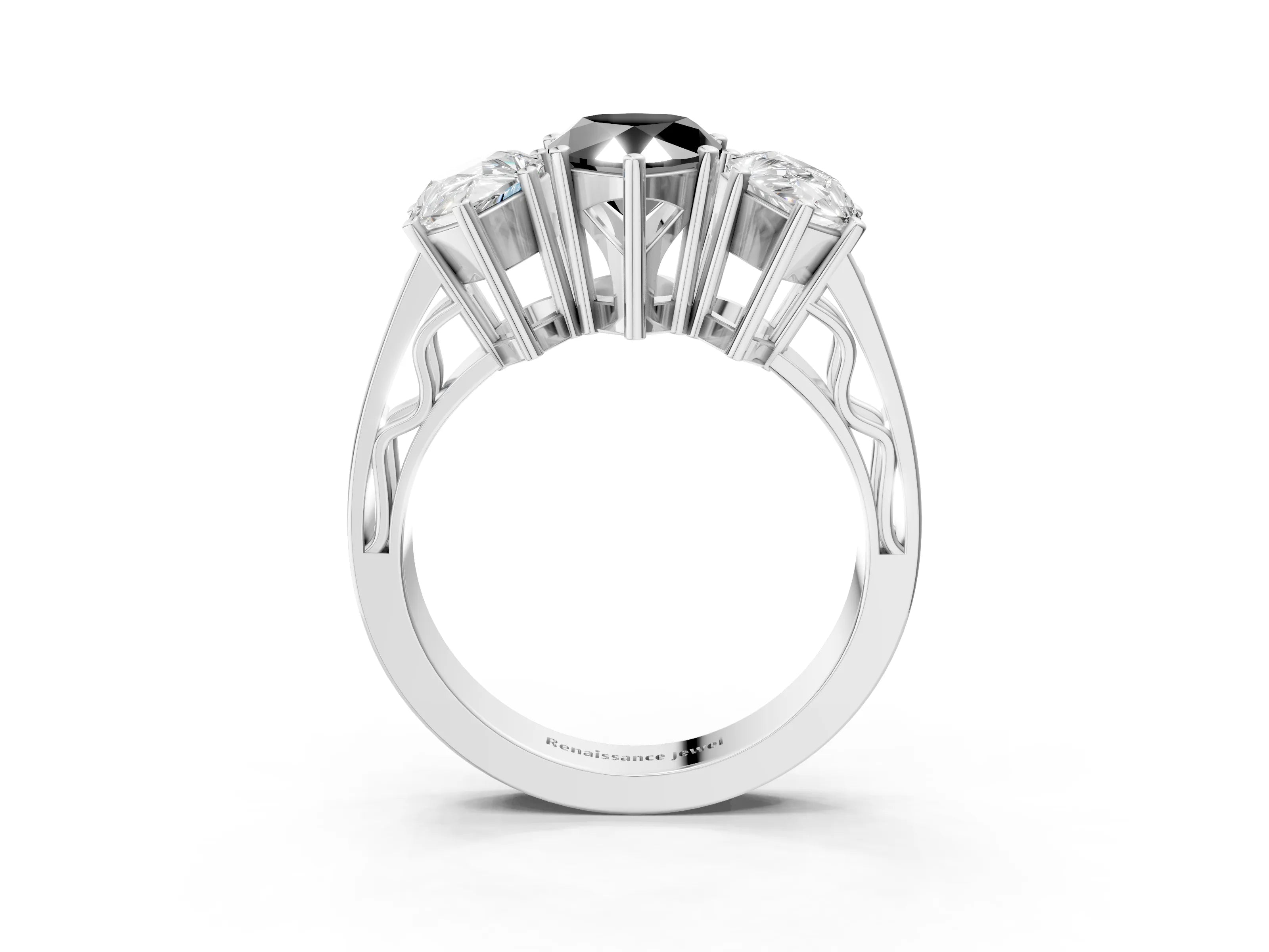 White gold Fancy Black Pear Cut Diamond Three-Stone Ring with Prong Setting and Textured Band_27