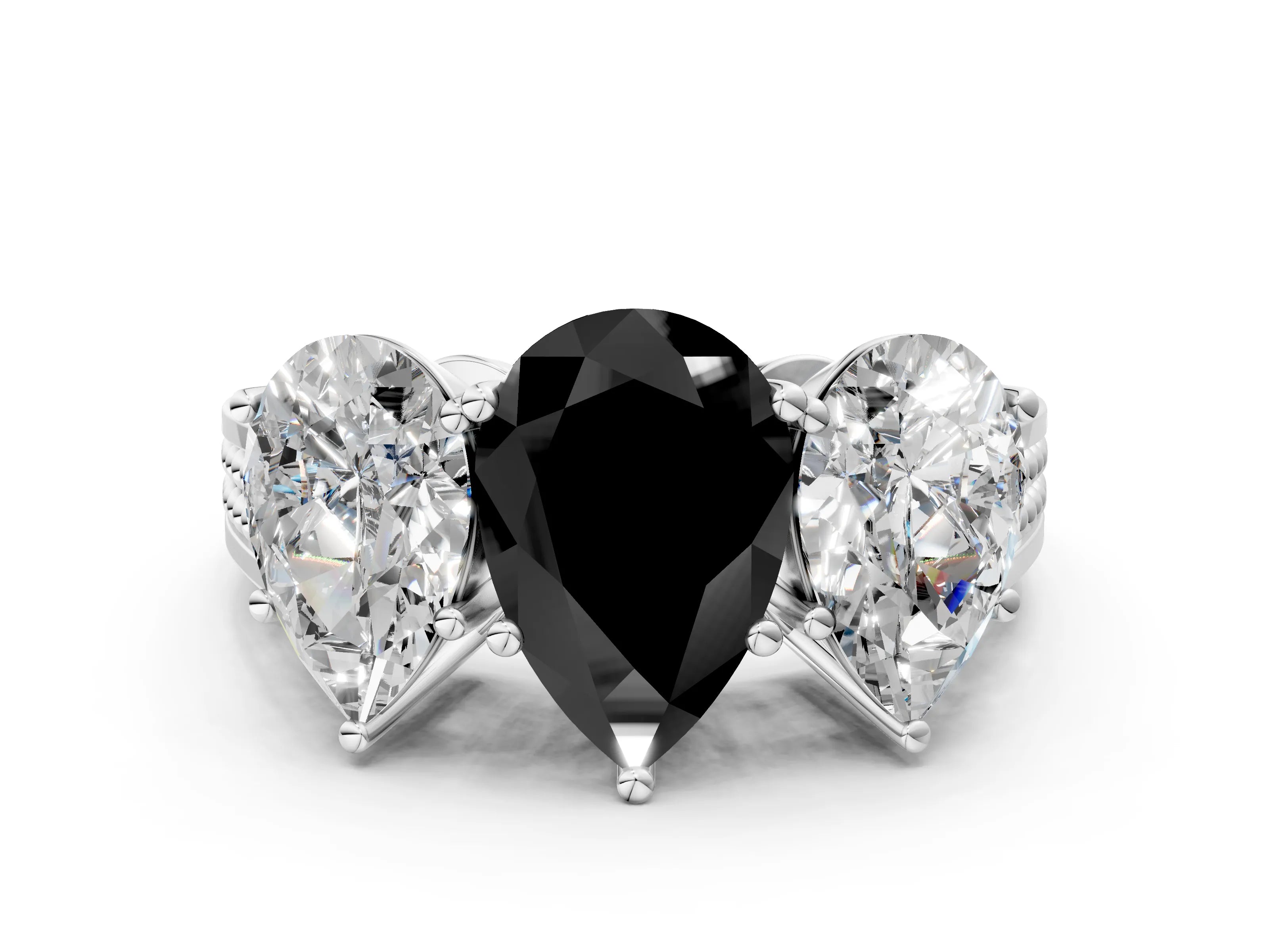 White gold Fancy Black Pear Cut Diamond Three-Stone Ring with Prong Setting and Textured Band_32