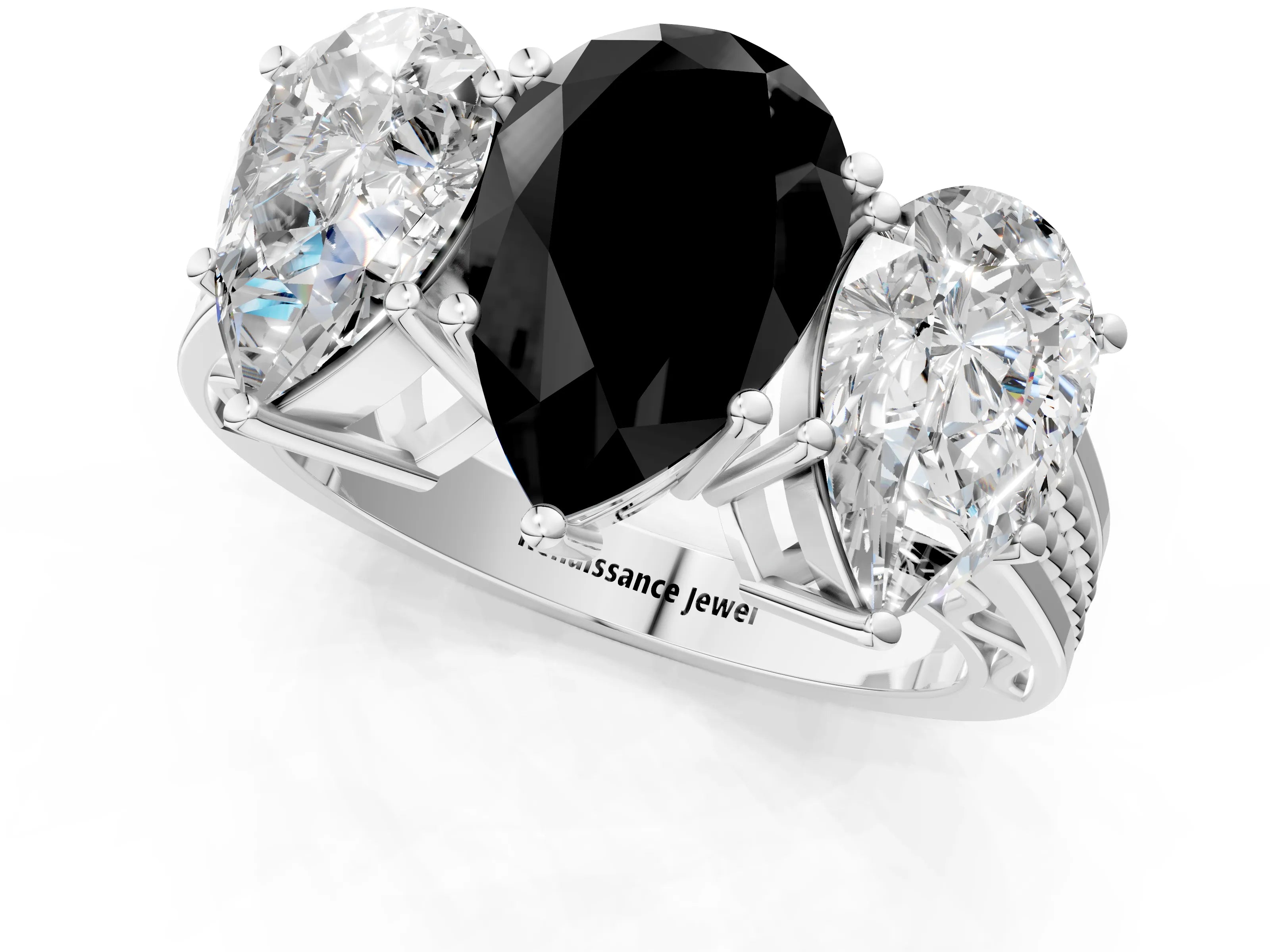 White gold Fancy Black Pear Cut Diamond Three-Stone Ring with Prong Setting and Textured Band_33