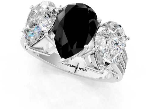 White gold Fancy Black Pear Cut Diamond Three-Stone Ring with Prong Setting and Textured Band_33