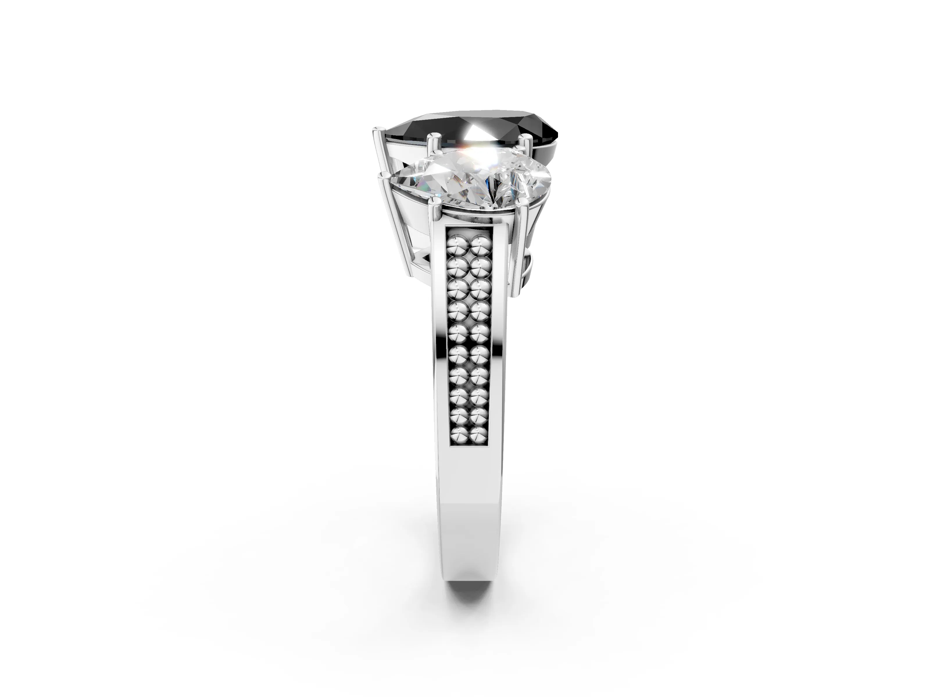 White gold Fancy Black Pear Cut Diamond Three-Stone Ring with Prong Setting and Textured Band_34
