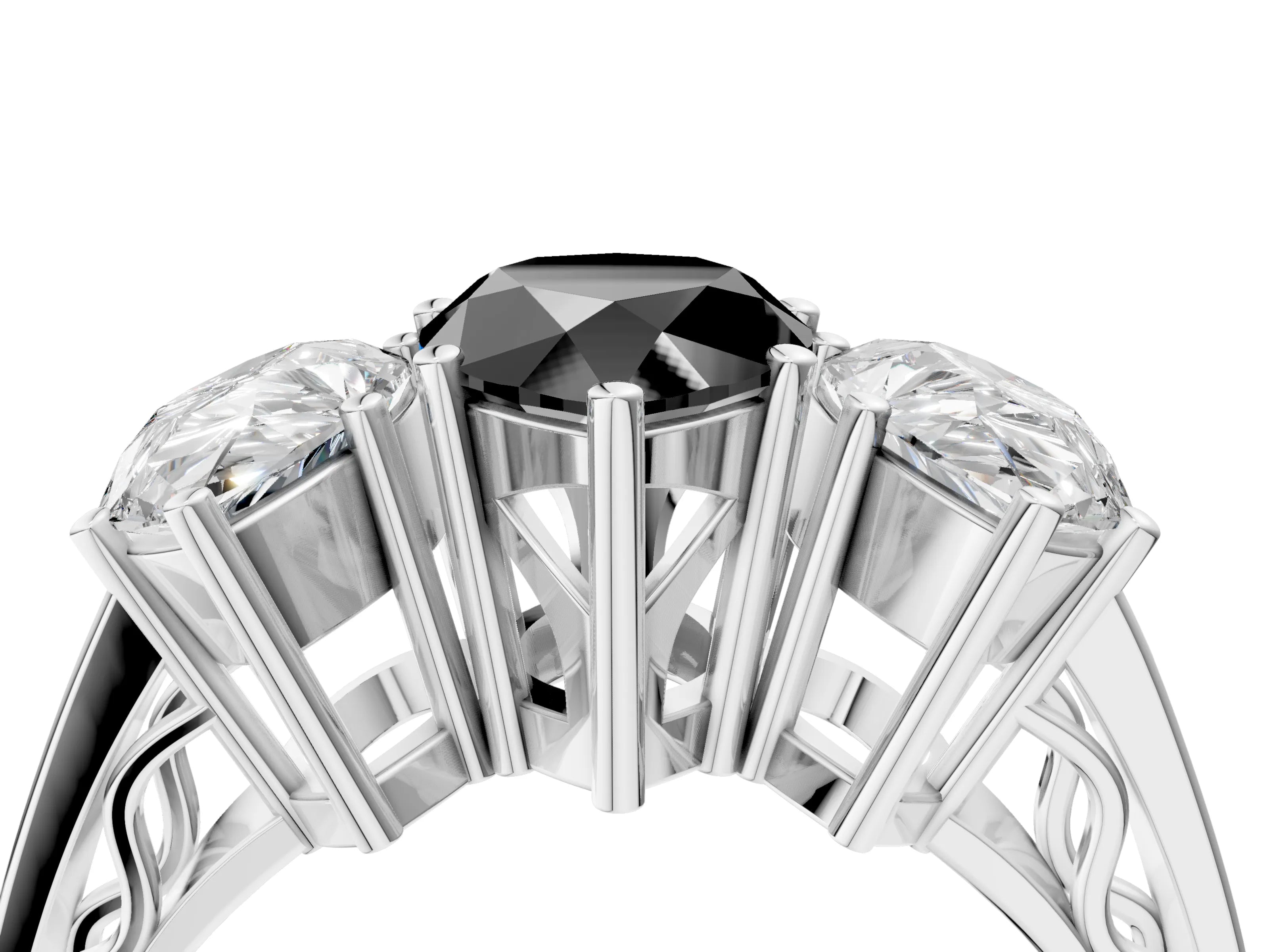 White gold Fancy Black Pear Cut Diamond Three-Stone Ring with Prong Setting and Textured Band_36