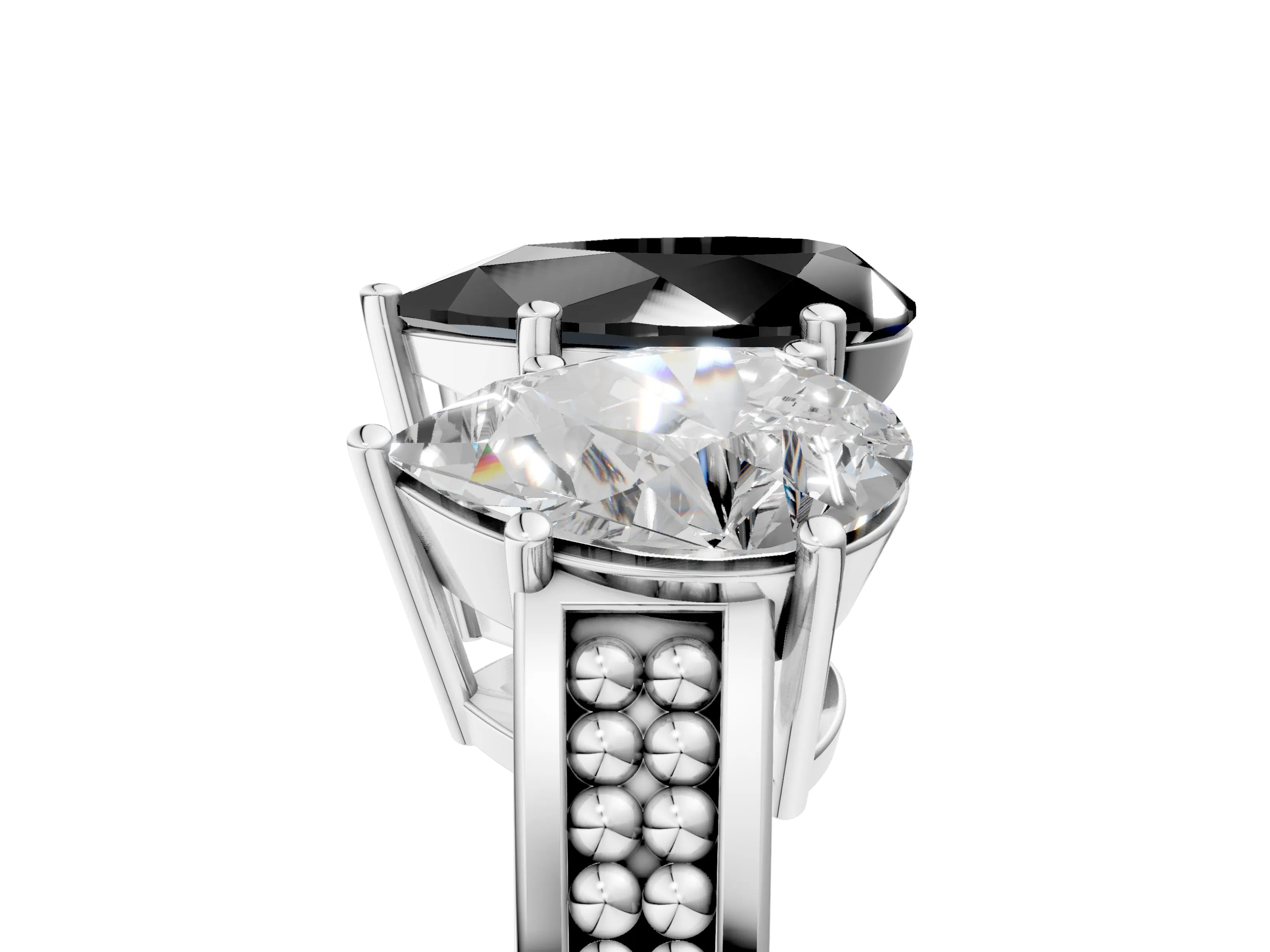 White gold Fancy Black Pear Cut Diamond Three-Stone Ring with Prong Setting and Textured Band_37