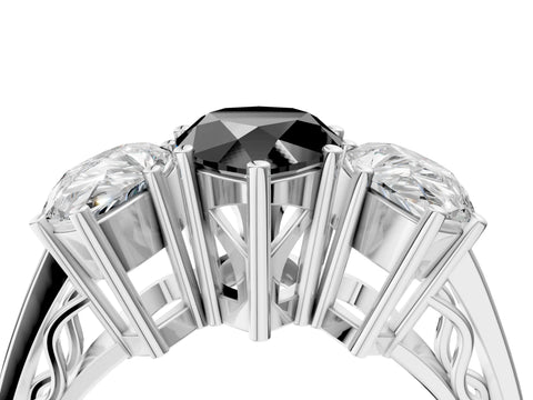White gold Fancy Black Pear Cut Diamond Three-Stone Ring with Prong Setting and Textured Band_40