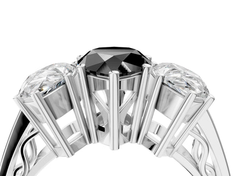 White gold Fancy Black Pear Cut Diamond Three-Stone Ring with Prong Setting and Textured Band_4