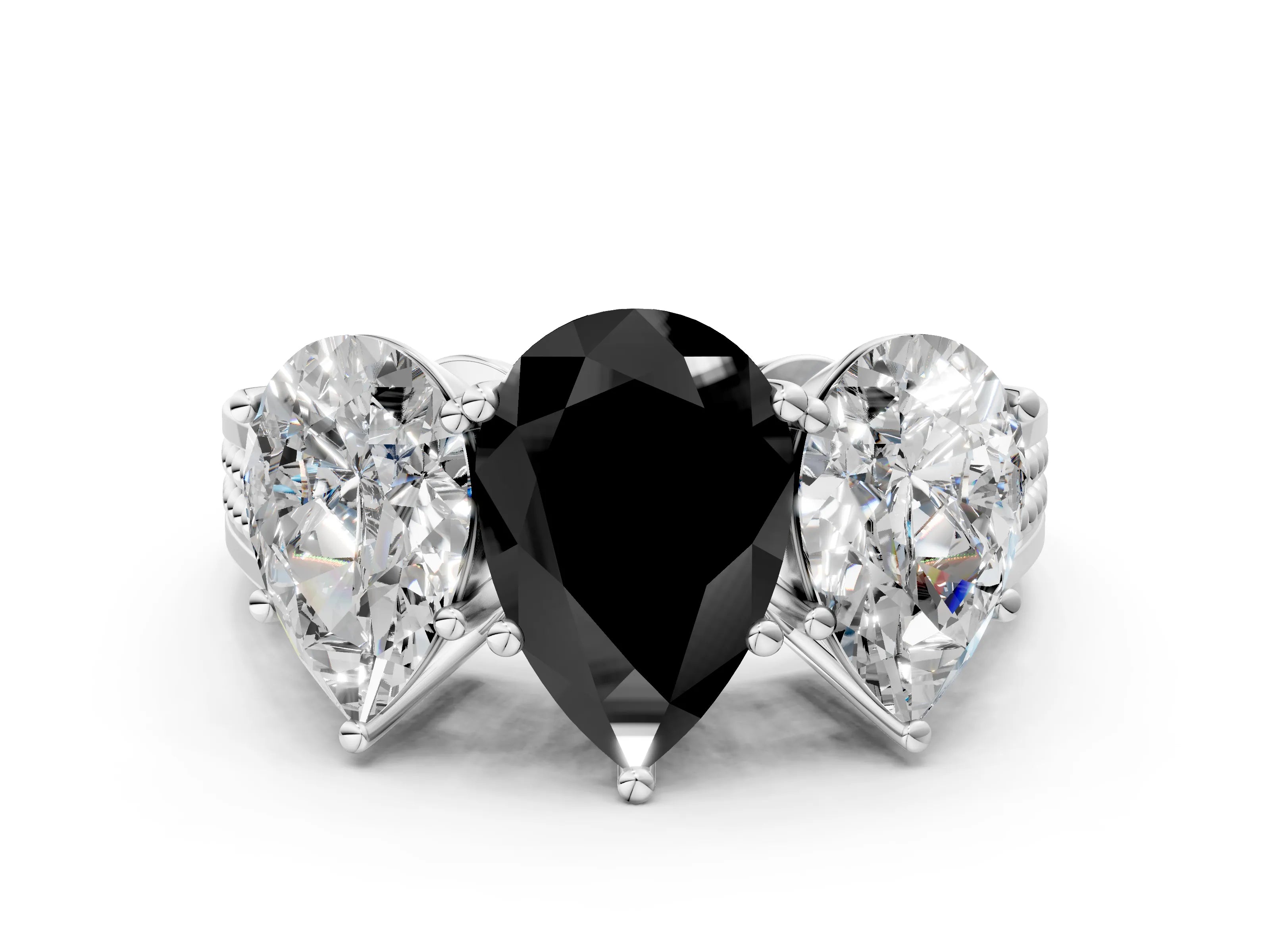 White gold Fancy Black Pear Cut Diamond Three-Stone Ring with Prong Setting and Textured Band_8
