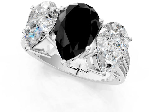 White gold Fancy Black Pear Cut Diamond Three-Stone Ring with Prong Setting and Textured Band_9