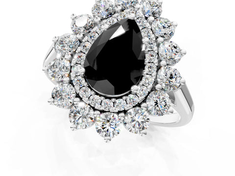 White gold Fancy Black Pear Cut Halo Cluster Diamond Ring with Pave Band and Four-Prong Setting_13