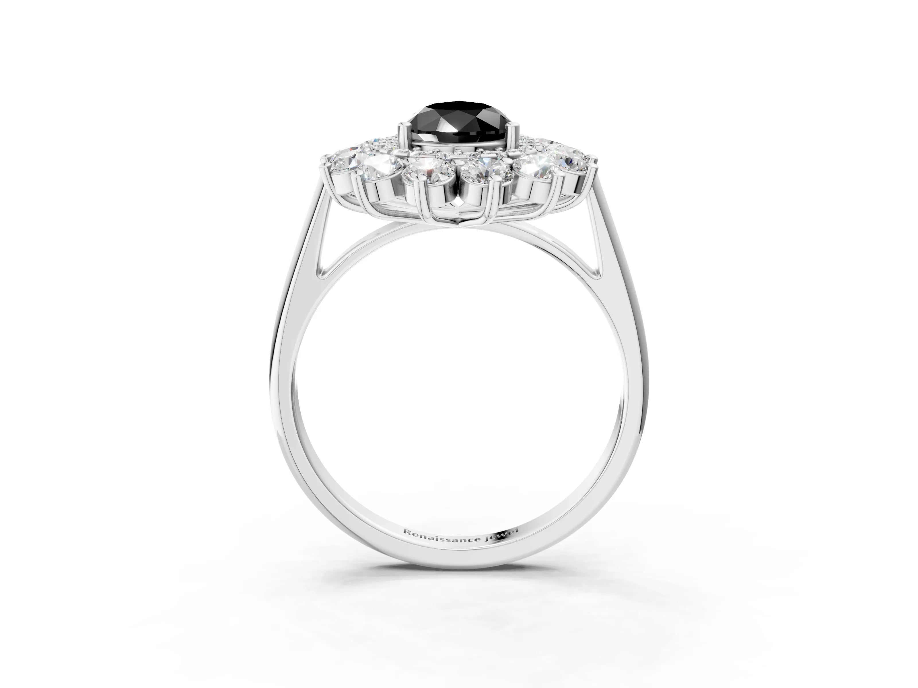 White gold Fancy Black Pear Cut Halo Cluster Diamond Ring with Pave Band and Four-Prong Setting_15