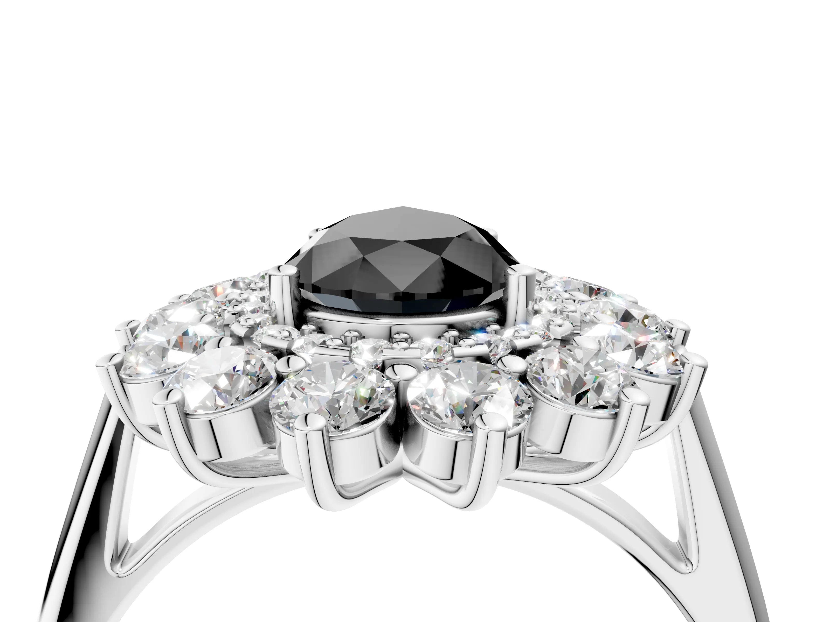 White gold Fancy Black Pear Cut Halo Cluster Diamond Ring with Pave Band and Four-Prong Setting_16