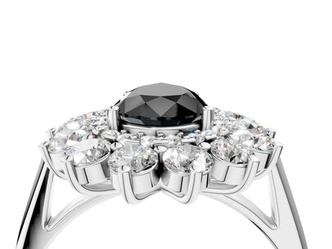 White gold Fancy Black Pear Cut Halo Cluster Diamond Ring with Pave Band and Four-Prong Setting_16