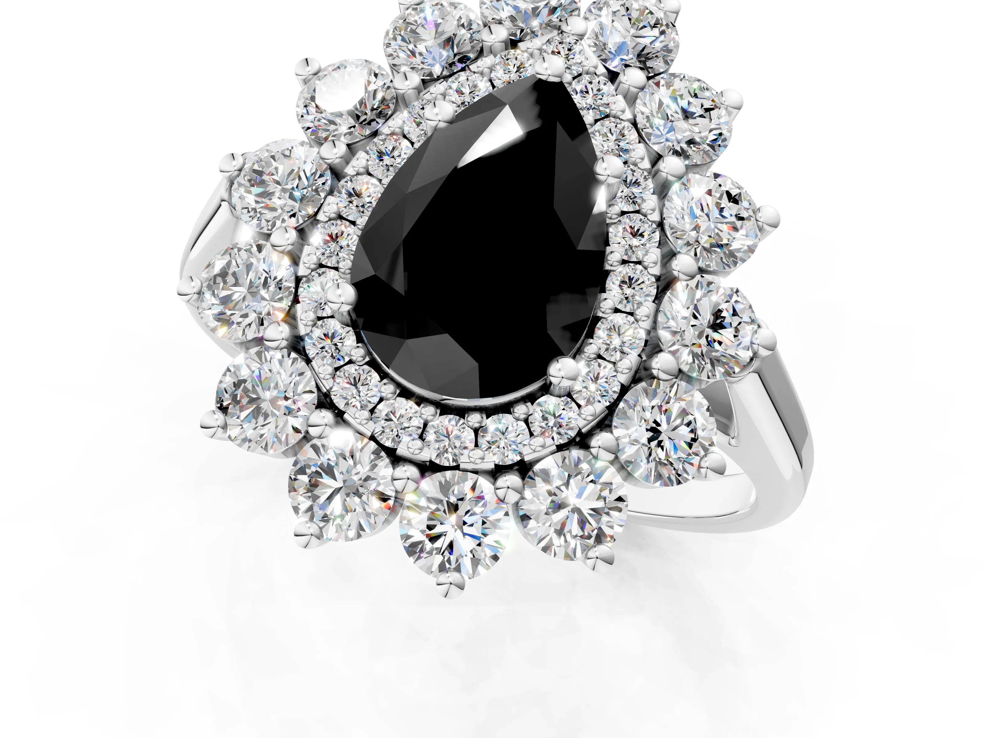 White gold Fancy Black Pear Cut Halo Cluster Diamond Ring with Pave Band and Four-Prong Setting_1