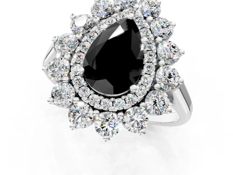 White gold Fancy Black Pear Cut Halo Cluster Diamond Ring with Pave Band and Four-Prong Setting_1