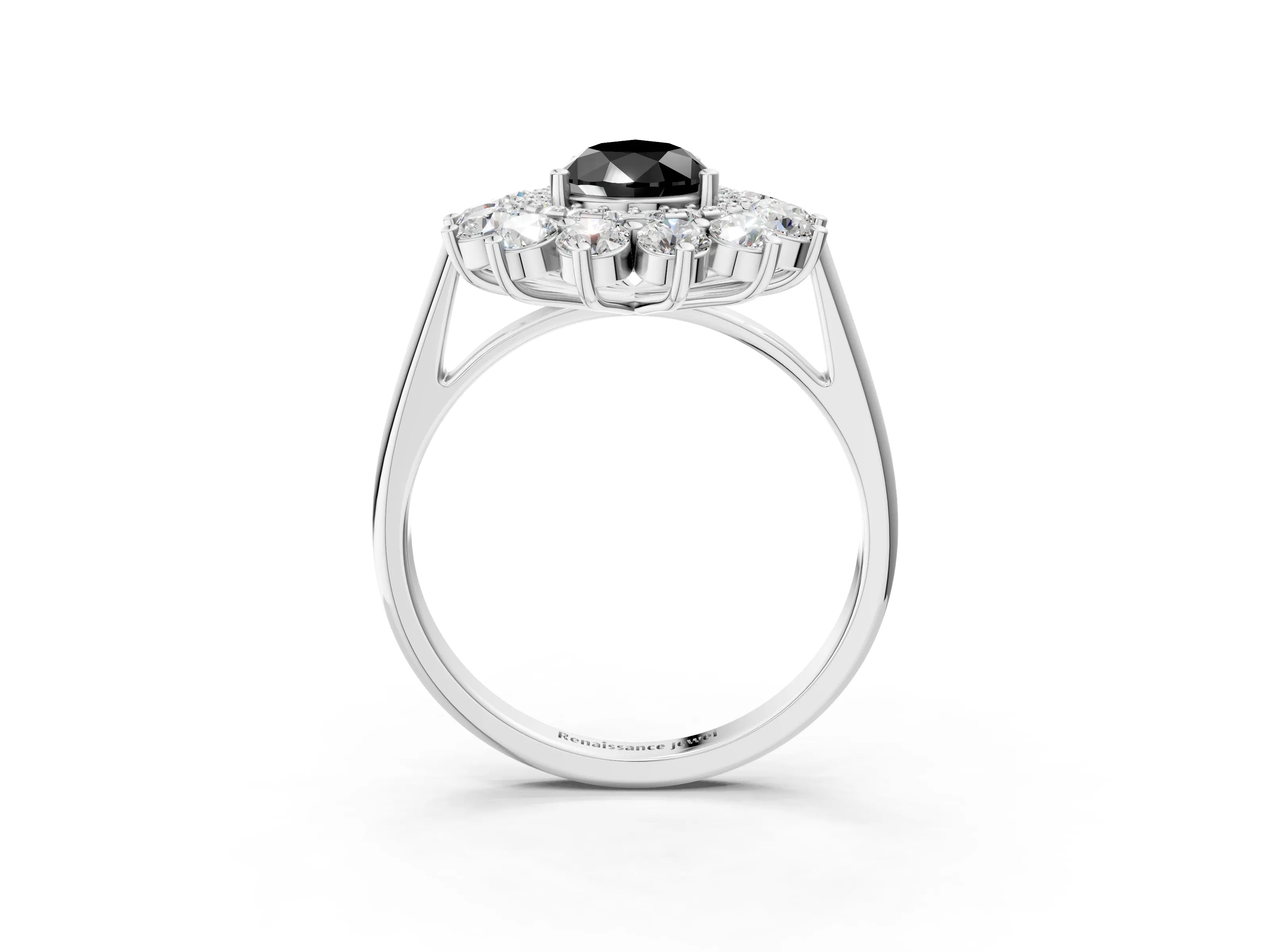 White gold Fancy Black Pear Cut Halo Cluster Diamond Ring with Pave Band and Four-Prong Setting_3