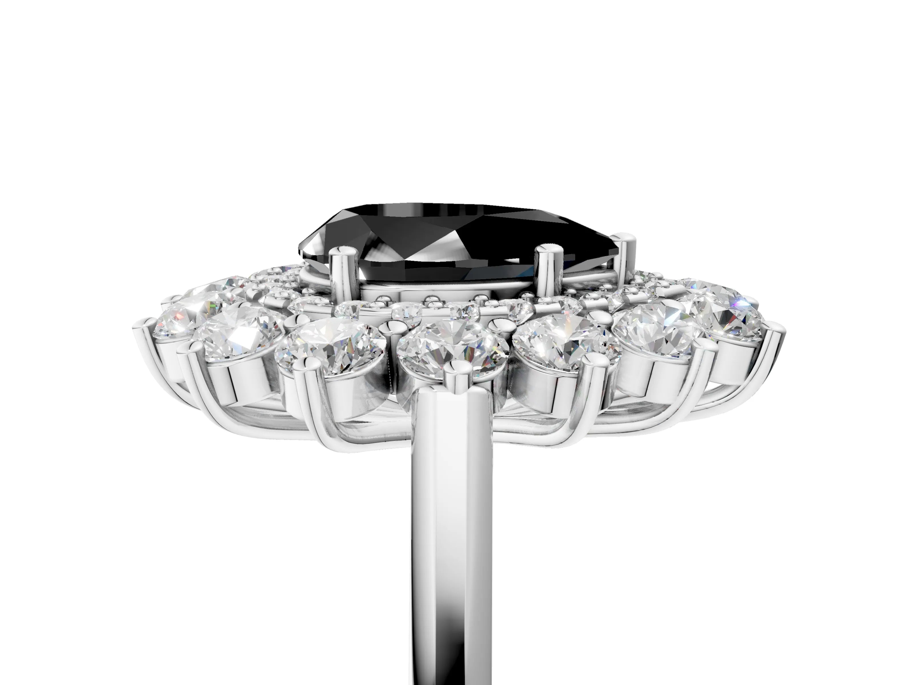 White gold Fancy Black Pear Cut Halo Cluster Diamond Ring with Pave Band and Four-Prong Setting_5