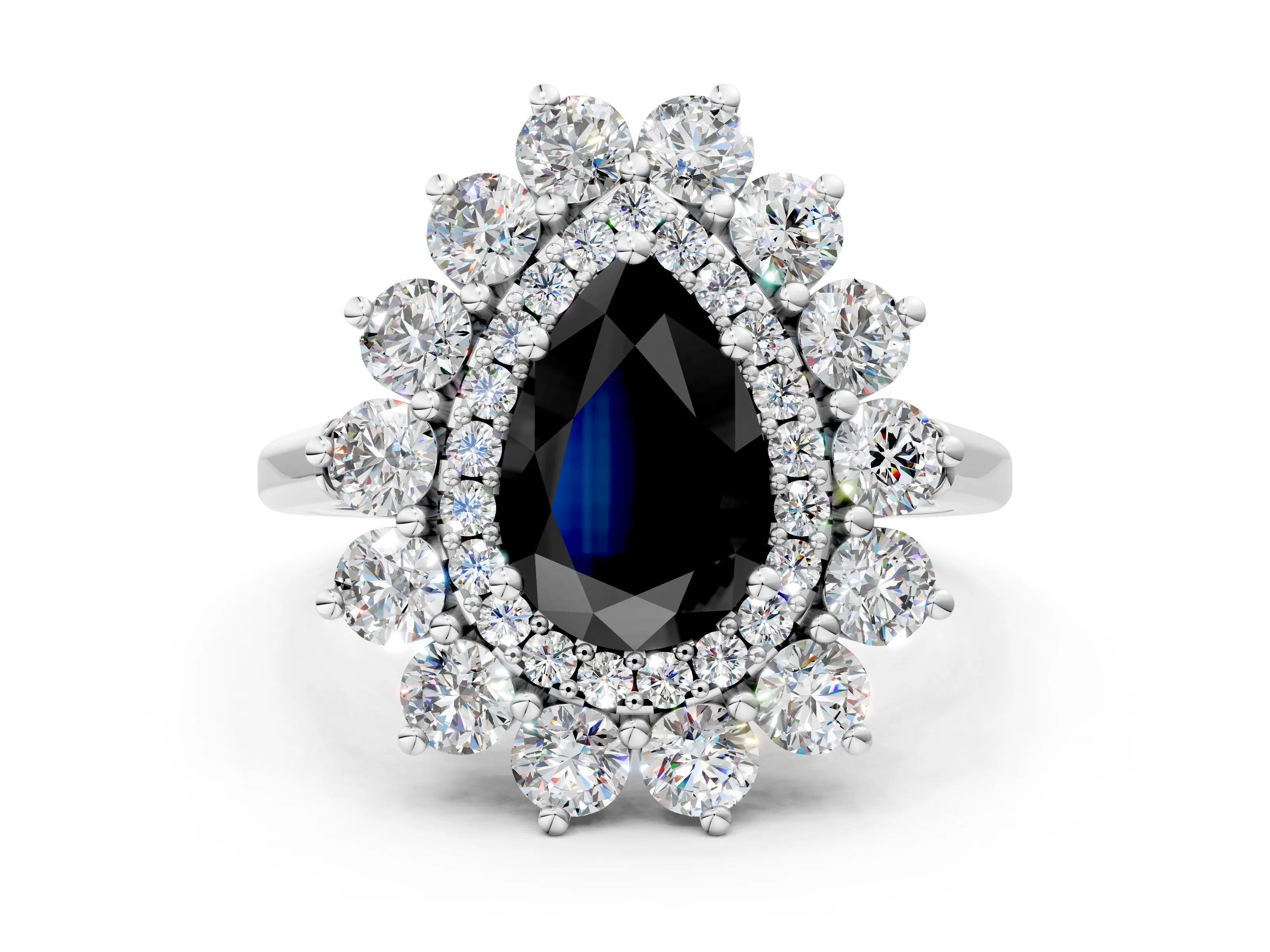 White gold Fancy Black Pear Cut Halo Cluster Diamond Ring with Pave Band and Four-Prong Setting