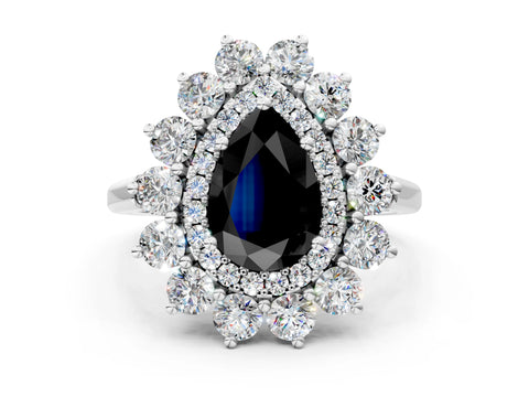 White gold Fancy Black Pear Cut Halo Cluster Diamond Ring with Pave Band and Four-Prong Setting
