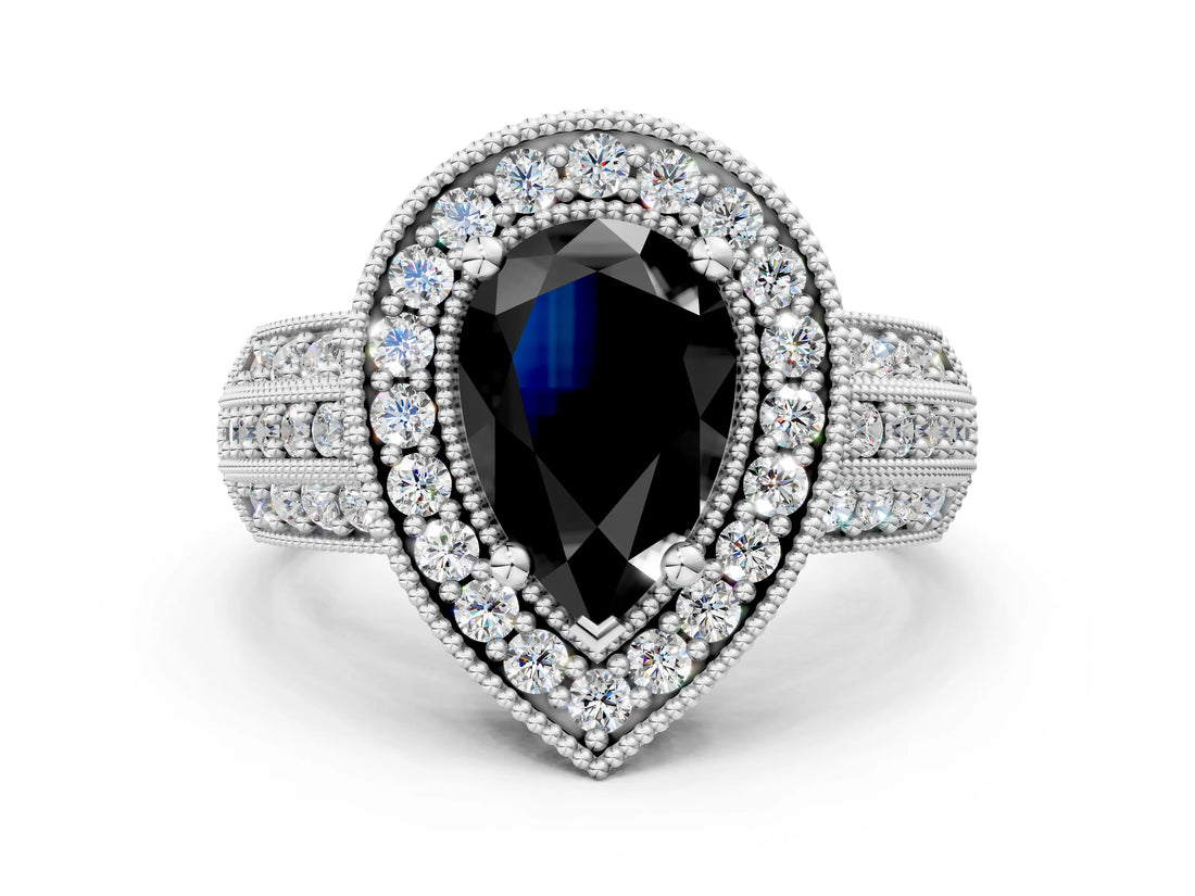 White gold Fancy Black Pear Cut Halo Diamond Engagement Ring with Pave Split Shank and Four-Prong Setting_12