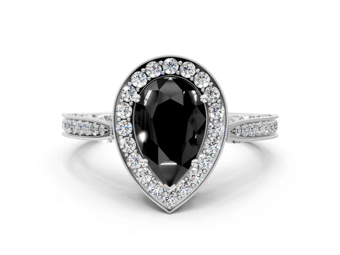 White gold Fancy Black Pear Cut Halo Diamond Engagement Ring with Split Shank Band and Four-Prong Setting_12