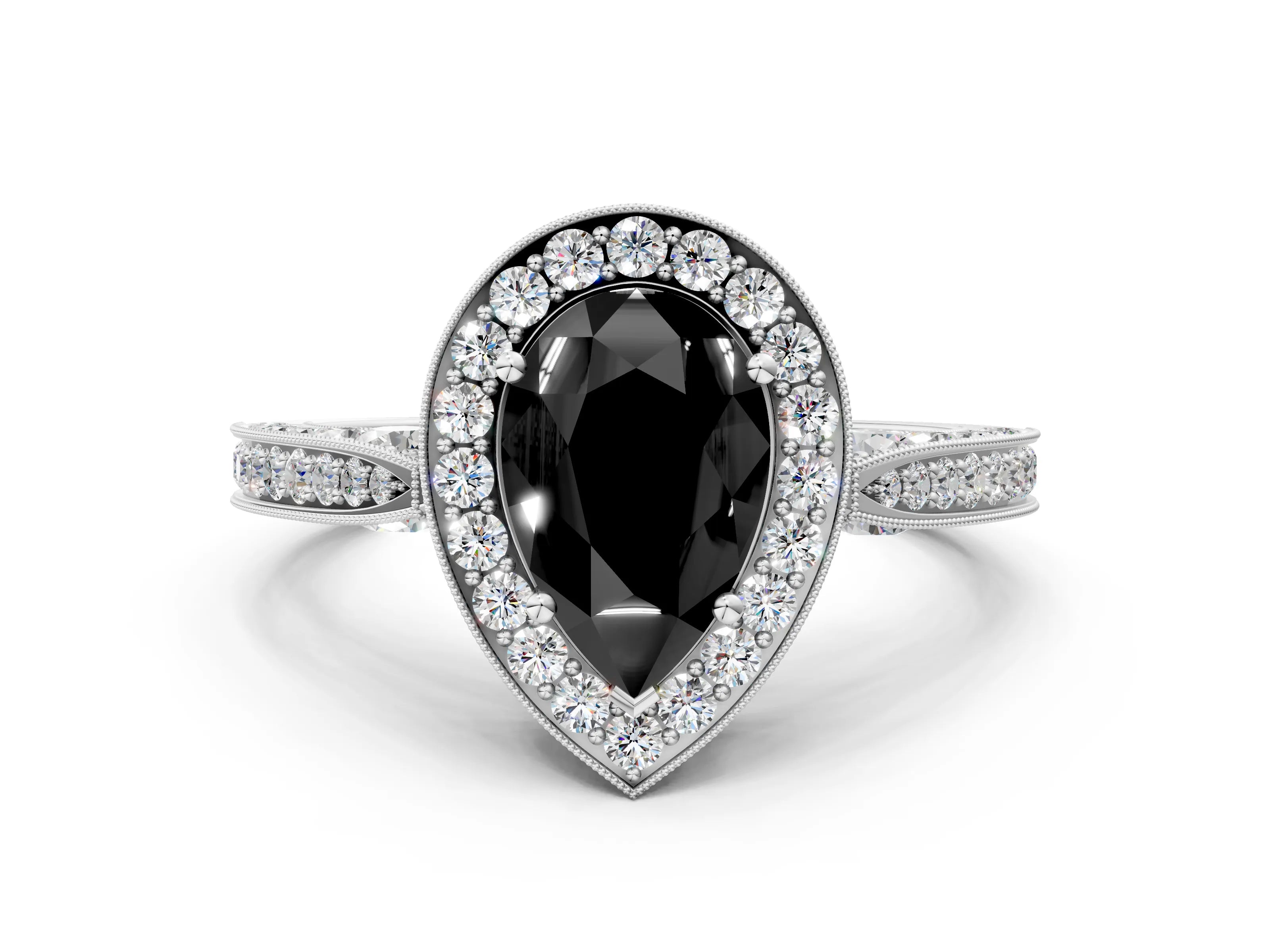 White gold Fancy Black Pear Cut Halo Diamond Engagement Ring with Split Shank Band and Four-Prong Setting_12