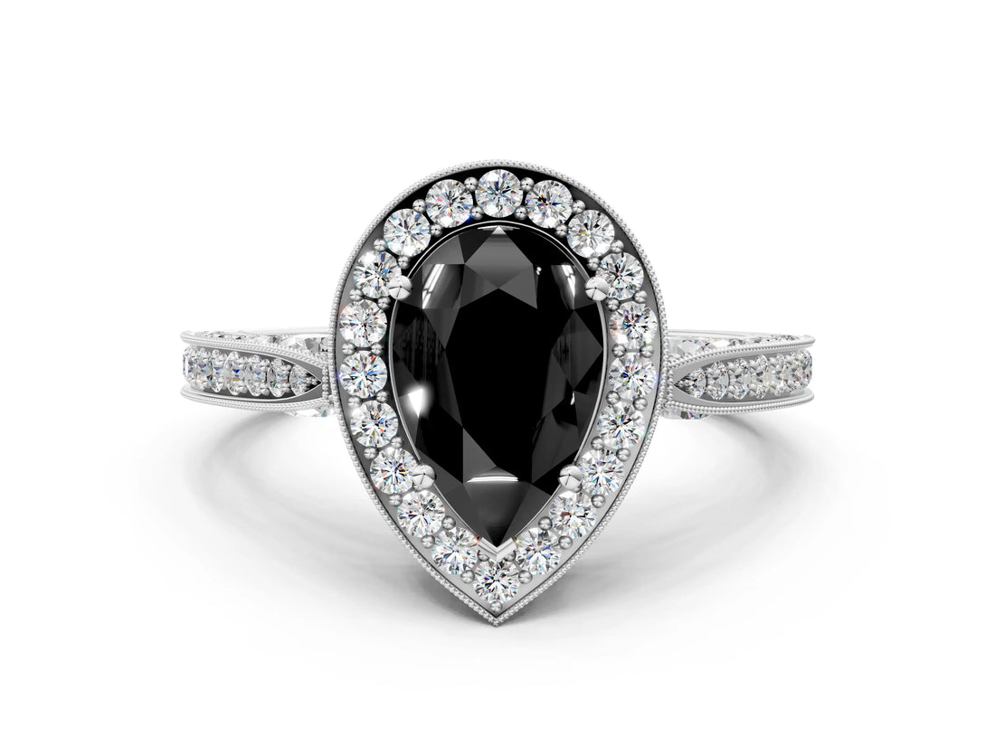 White gold Fancy Black Pear Cut Halo Diamond Engagement Ring with Split Shank Band and Four-Prong Setting_12