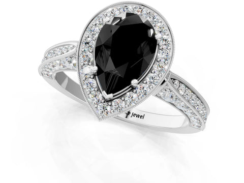 White gold Fancy Black Pear Cut Halo Diamond Engagement Ring with Split Shank Band and Four-Prong Setting_13