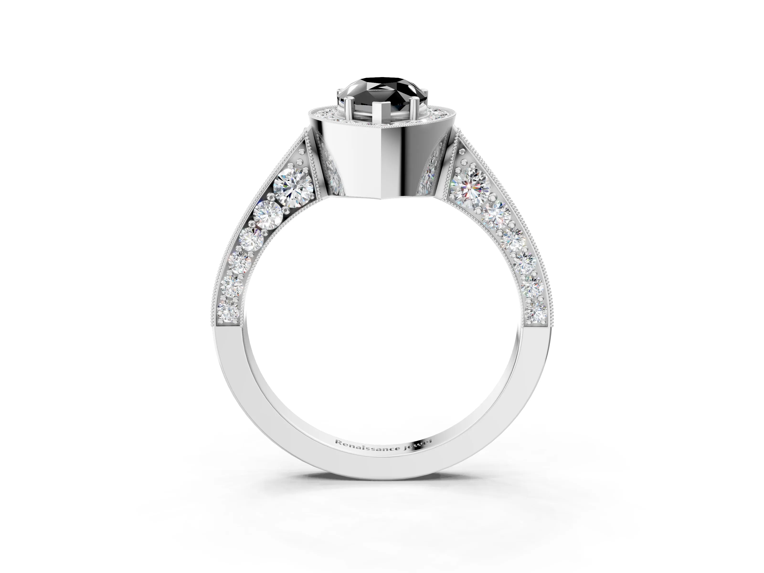 White gold Fancy Black Pear Cut Halo Diamond Engagement Ring with Split Shank Band and Four-Prong Setting_15