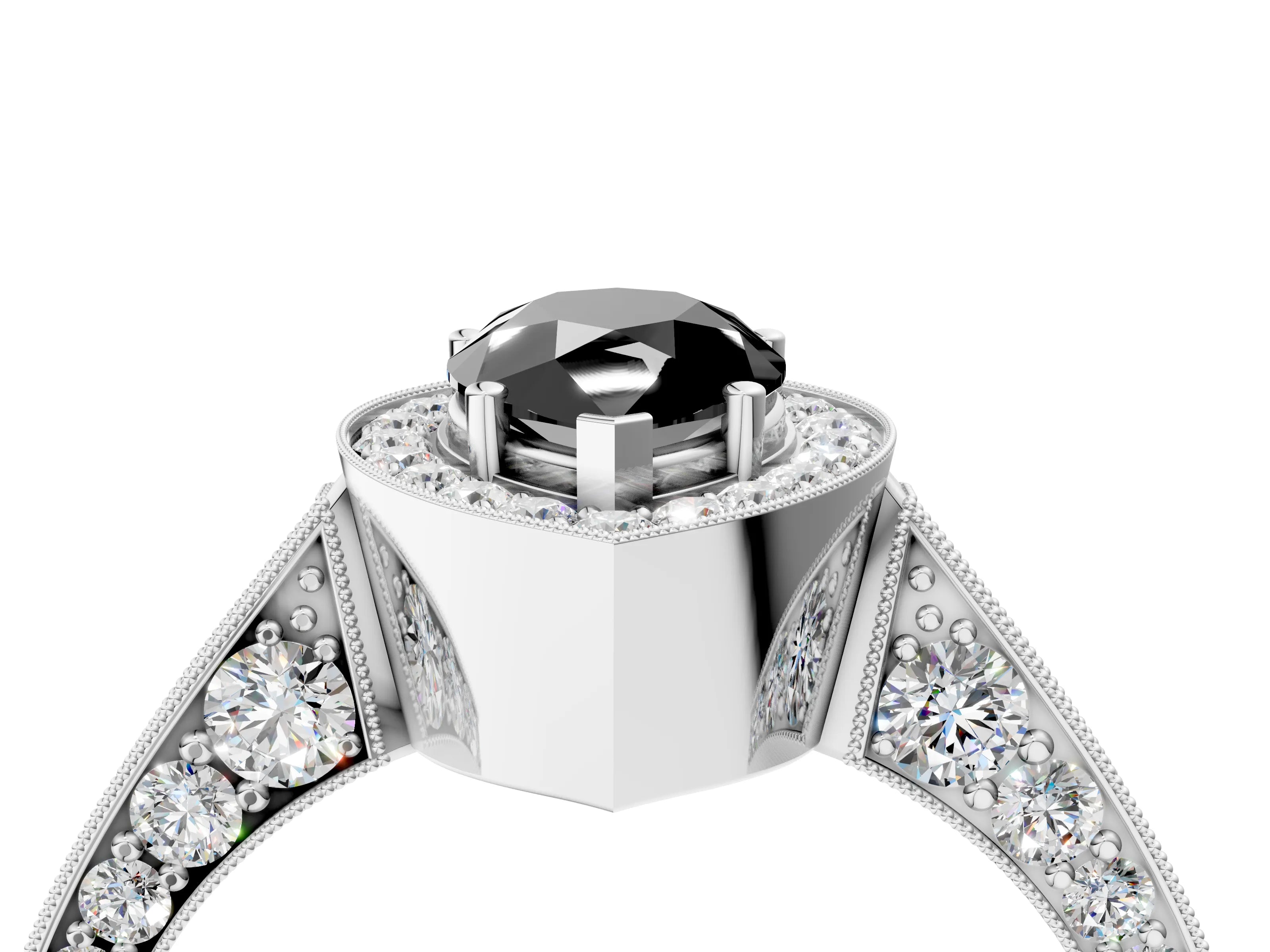 White gold Fancy Black Pear Cut Halo Diamond Engagement Ring with Split Shank Band and Four-Prong Setting_16