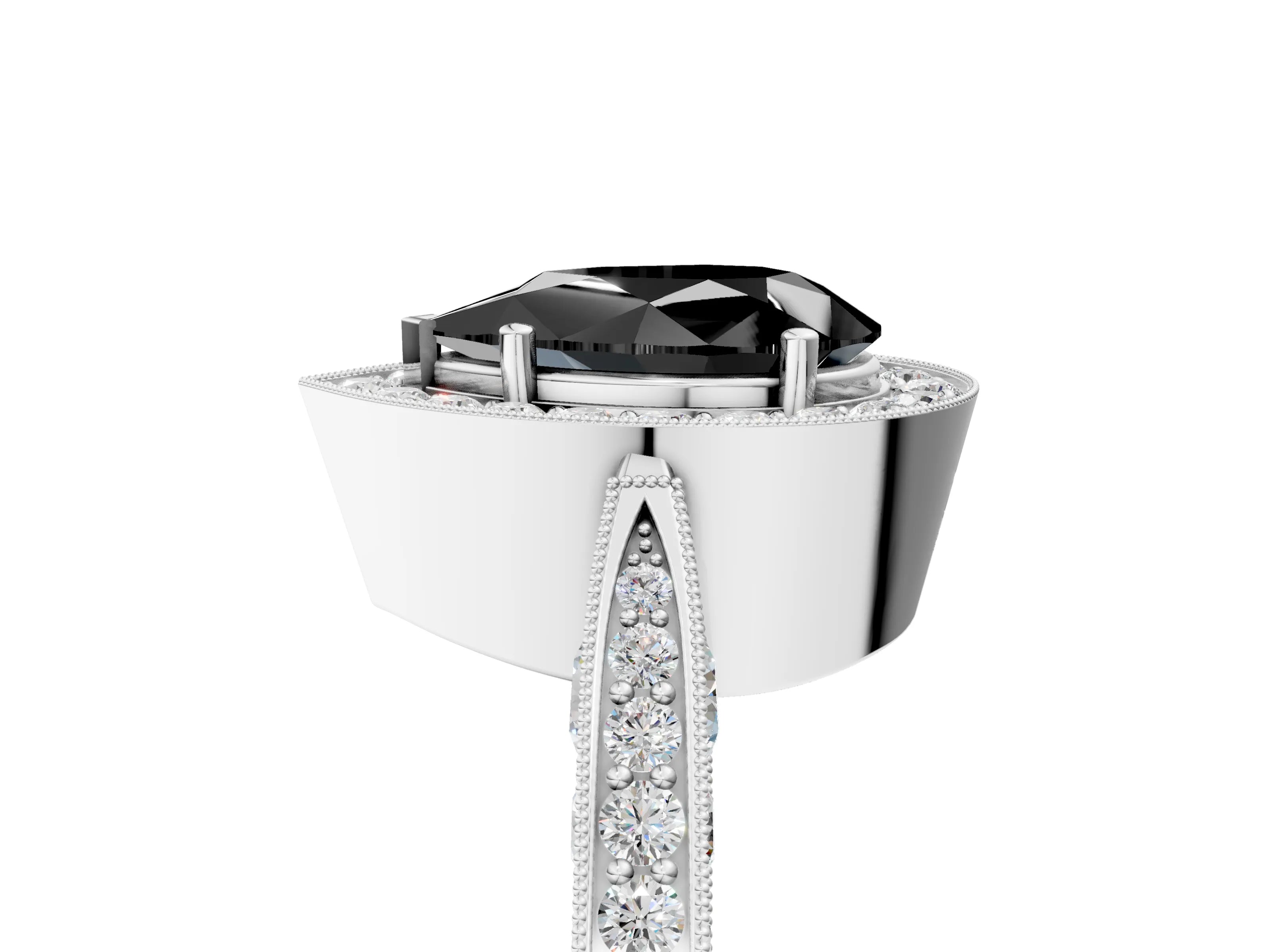 White gold Fancy Black Pear Cut Halo Diamond Engagement Ring with Split Shank Band and Four-Prong Setting_17