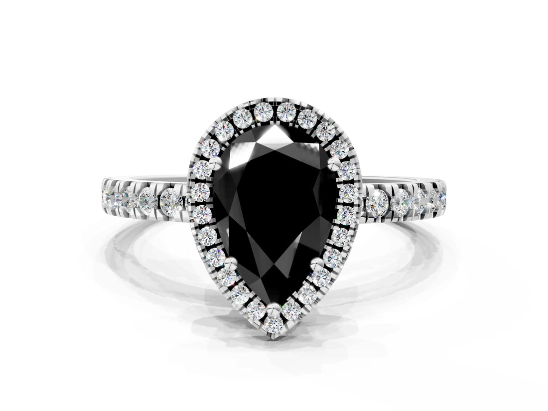 White gold Fancy Black Pear Cut Halo Diamond Pave Band with Prong Setting