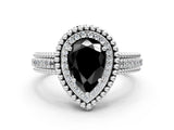 White gold Fancy Black Pear Cut Halo Diamond Ring with Beaded Split Shank and Four-Prong Setting