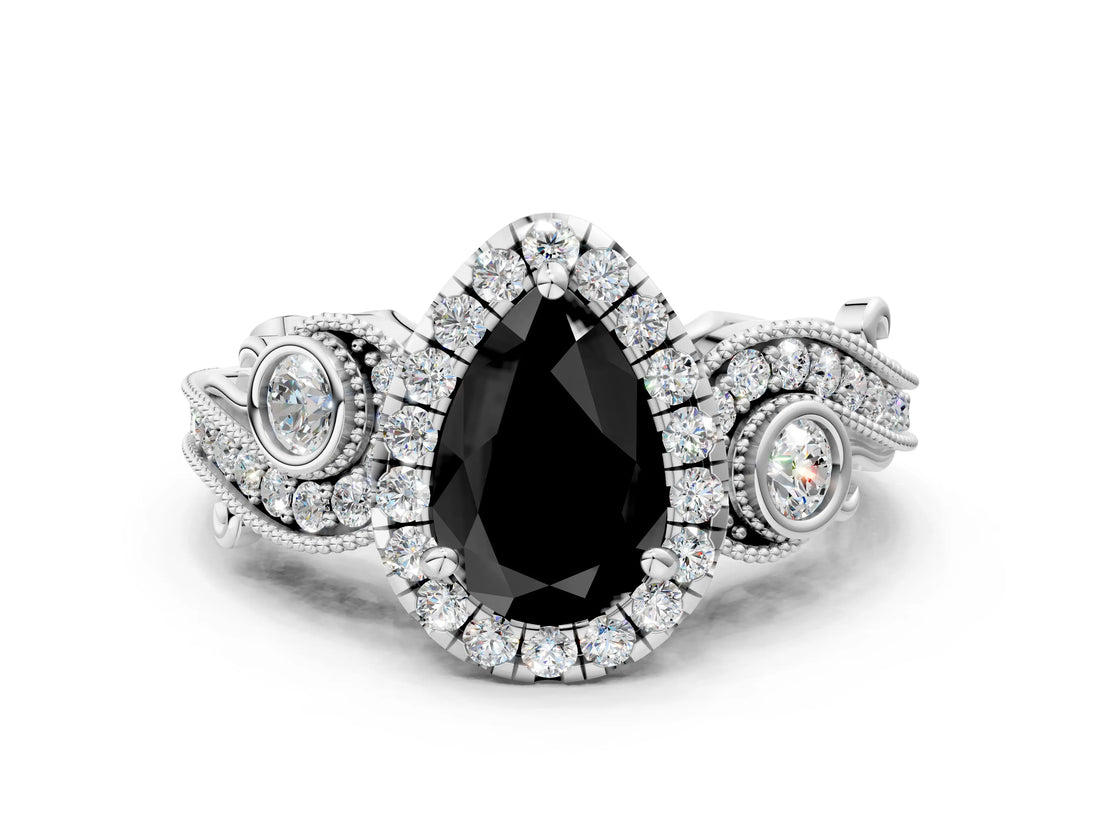 White gold Fancy Black Pear Cut Halo Diamond Ring with Milgrain and Bezel Accents on a Split Shank Band