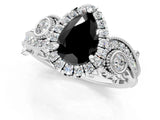 White gold Fancy Black Pear Cut Halo Diamond Ring with Milgrain and Bezel Accents on a Split Shank Band_1