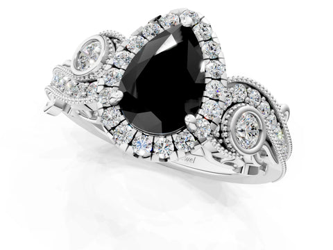 White gold Fancy Black Pear Cut Halo Diamond Ring with Milgrain and Bezel Accents on a Split Shank Band_1
