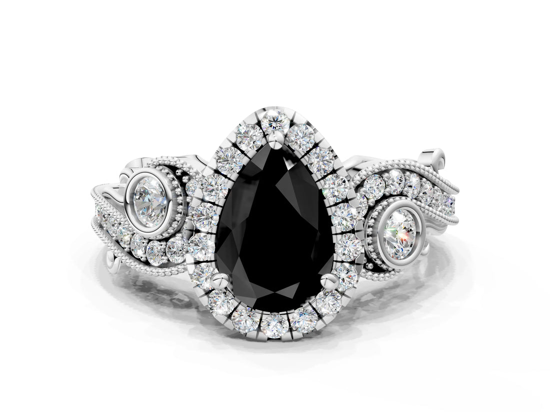 White gold Fancy Black Pear Cut Halo Diamond Ring with Milgrain and Bezel Accents on a Split Shank Band_24