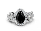 White gold Fancy Black Pear Cut Halo Diamond Ring with Milgrain and Bezel Accents on a Split Shank Band_24