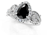 White gold Fancy Black Pear Cut Halo Diamond Ring with Milgrain and Bezel Accents on a Split Shank Band_25