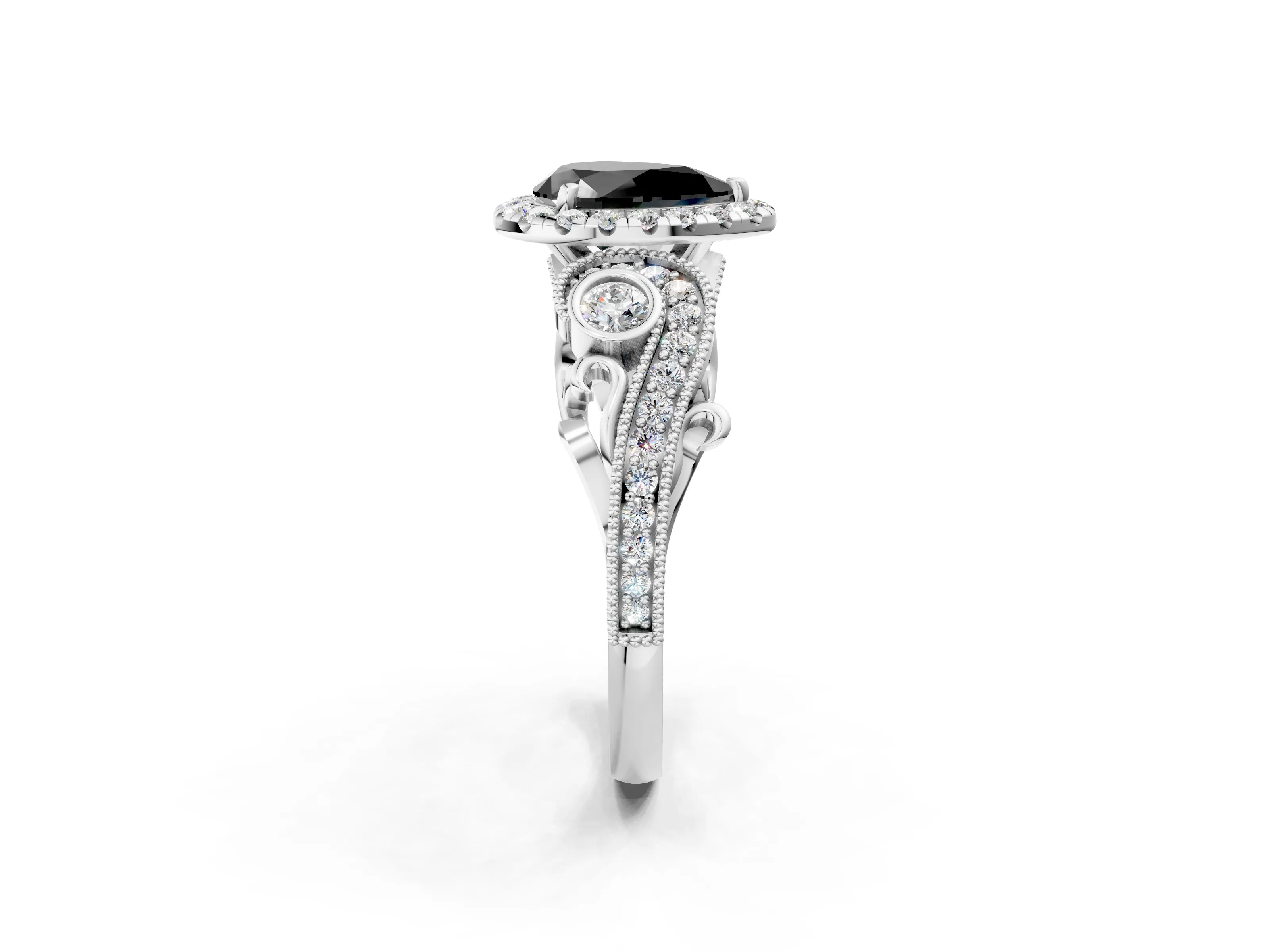 White gold Fancy Black Pear Cut Halo Diamond Ring with Milgrain and Bezel Accents on a Split Shank Band_2