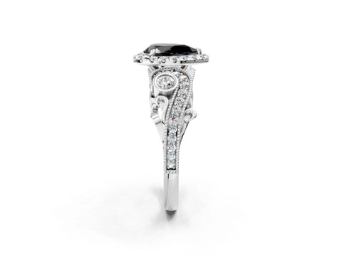 White gold Fancy Black Pear Cut Halo Diamond Ring with Milgrain and Bezel Accents on a Split Shank Band_2