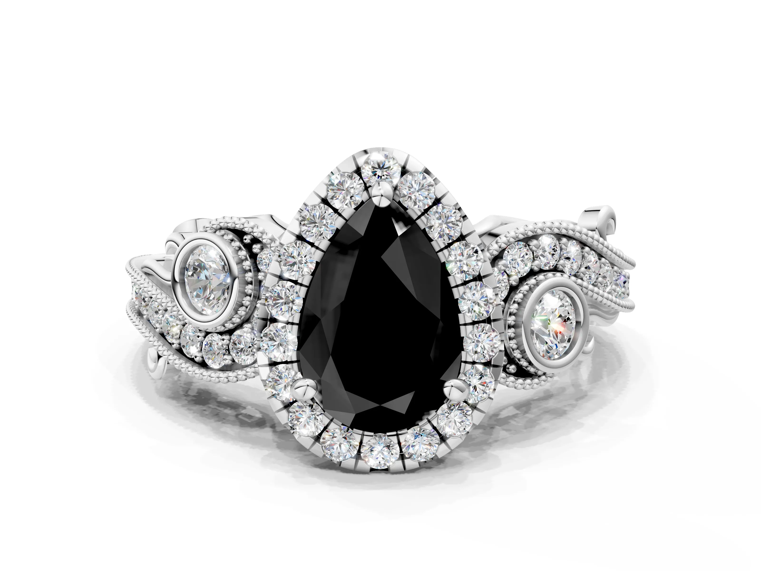 White gold Fancy Black Pear Cut Halo Diamond Ring with Milgrain and Bezel Accents on a Split Shank Band