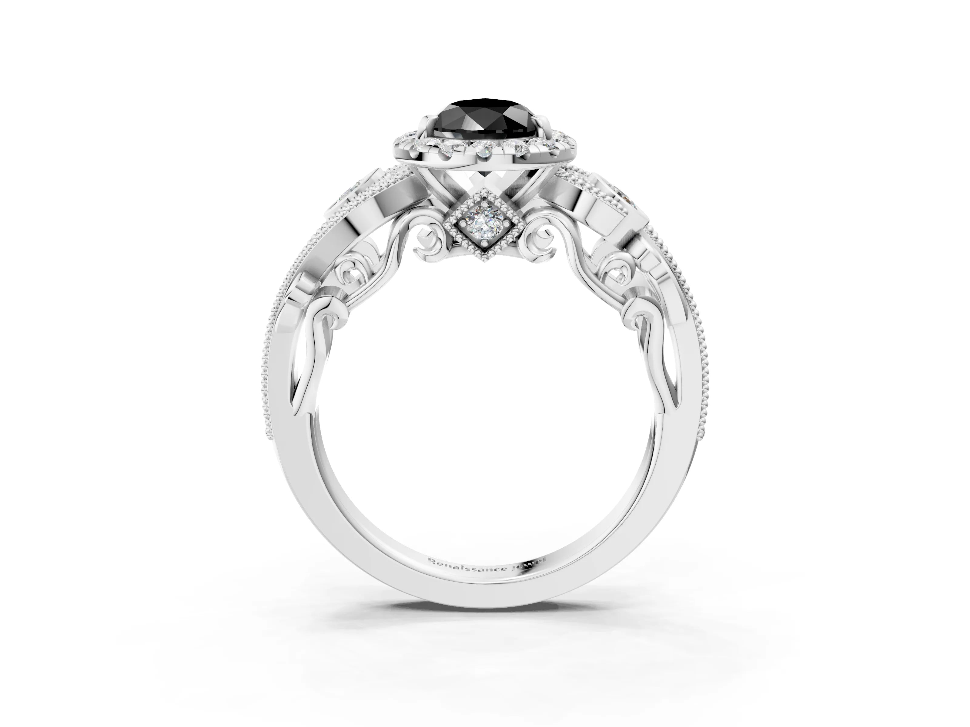 White gold Fancy Black Pear Cut Halo Diamond Ring with Milgrain and Bezel Accents on a Split Shank Band_3