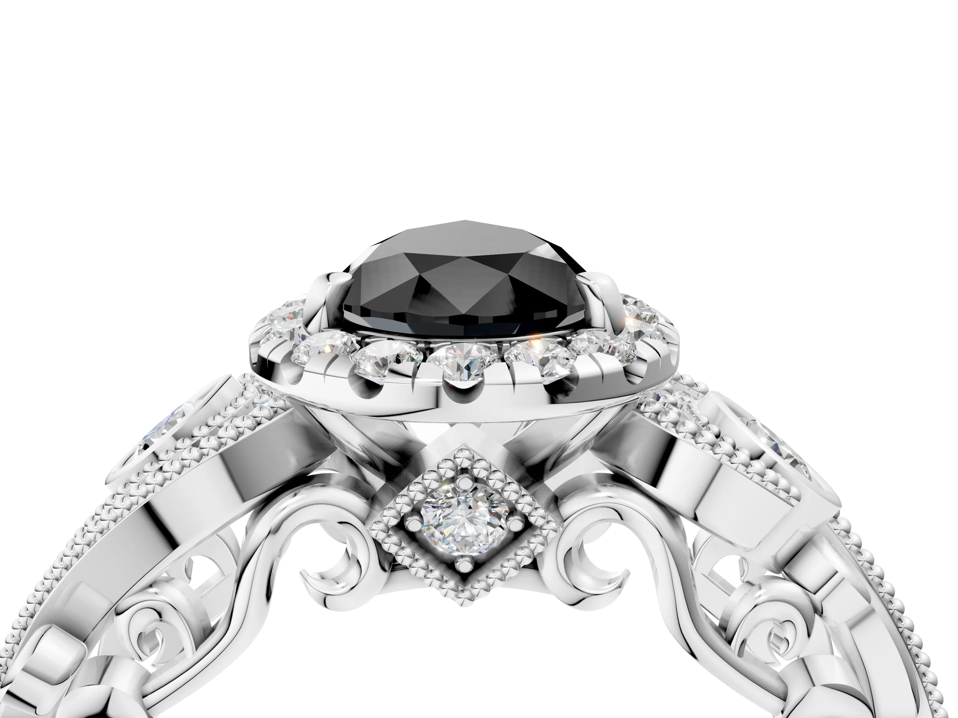 White gold Fancy Black Pear Cut Halo Diamond Ring with Milgrain and Bezel Accents on a Split Shank Band_4