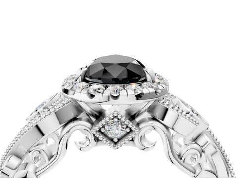 White gold Fancy Black Pear Cut Halo Diamond Ring with Milgrain and Bezel Accents on a Split Shank Band_4