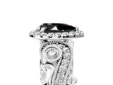 White gold Fancy Black Pear Cut Halo Diamond Ring with Milgrain and Bezel Accents on a Split Shank Band_5