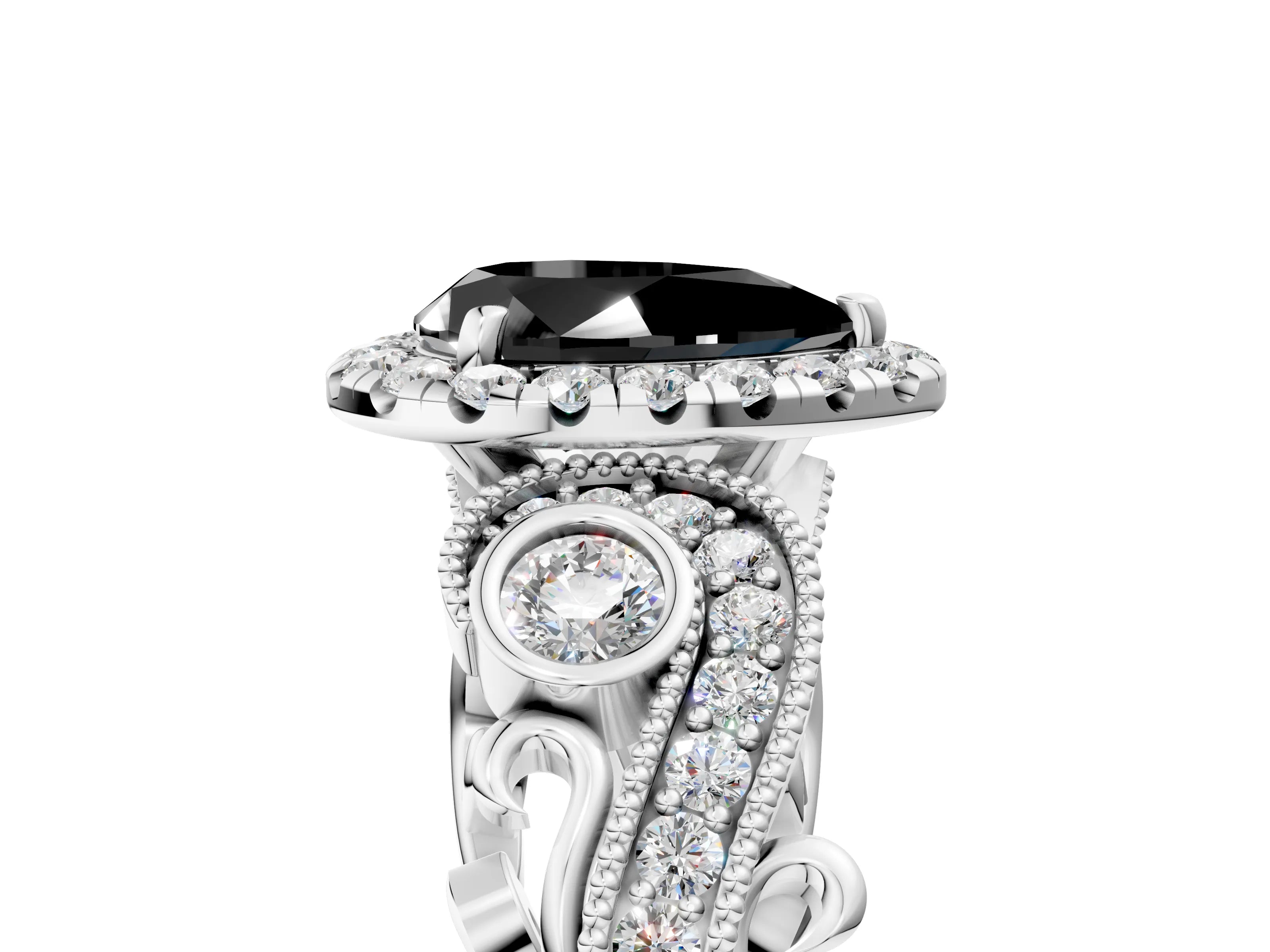 White gold Fancy Black Pear Cut Halo Diamond Ring with Milgrain and Bezel Accents on a Split Shank Band_5