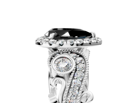 White gold Fancy Black Pear Cut Halo Diamond Ring with Milgrain and Bezel Accents on a Split Shank Band_5