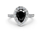White gold Fancy Black Pear Cut Halo Diamond Ring with Pavé Band and Three-Prong Setting_12