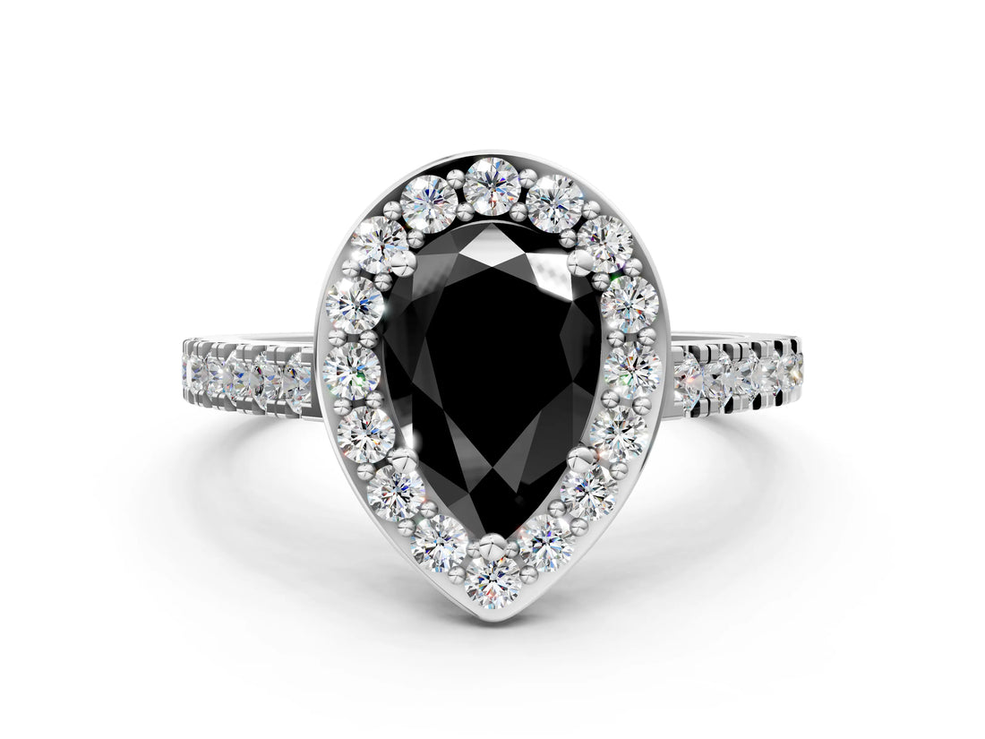 White gold Fancy Black Pear Cut Halo Diamond Ring with Pavé Band and Three-Prong Setting_12
