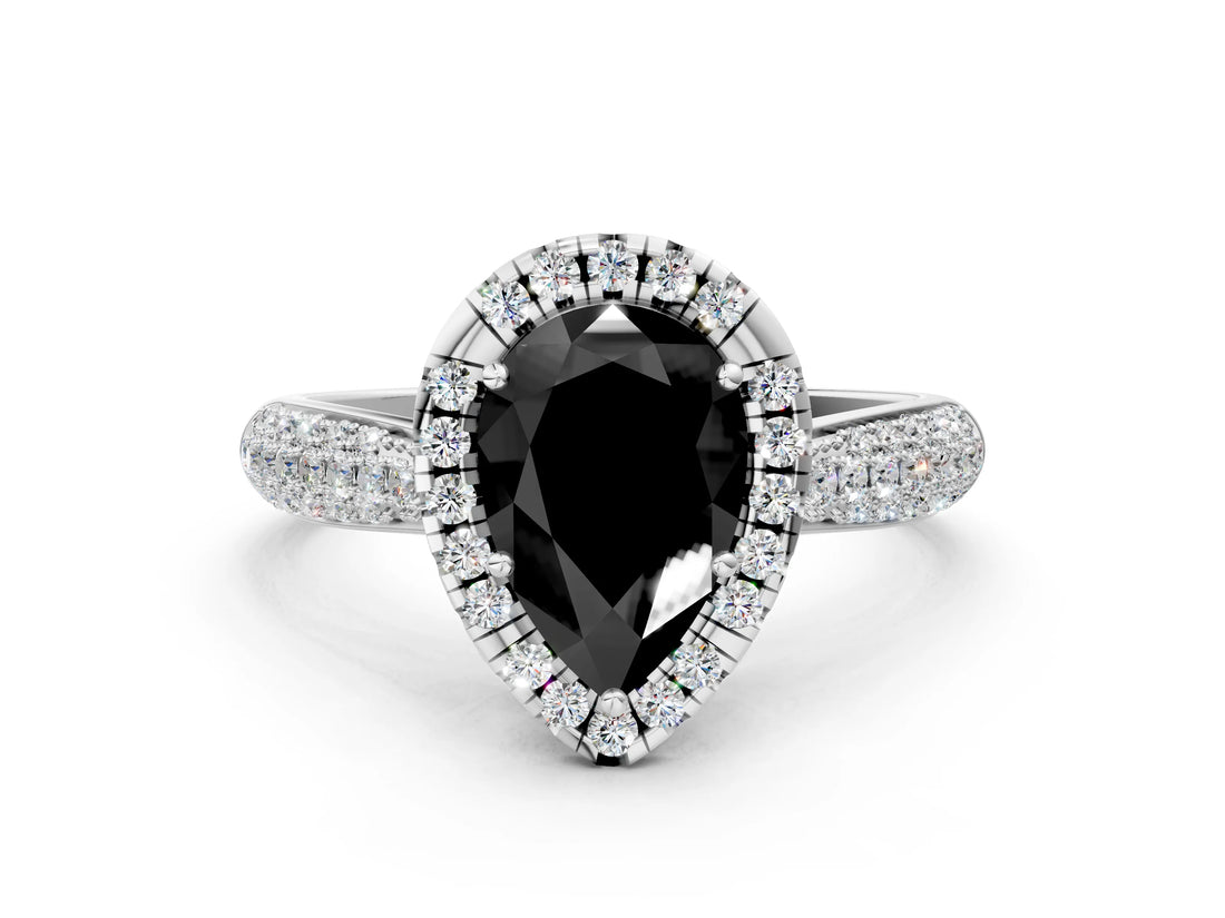White gold Fancy Black Pear Cut Halo Diamond Ring with Pavé Band_12