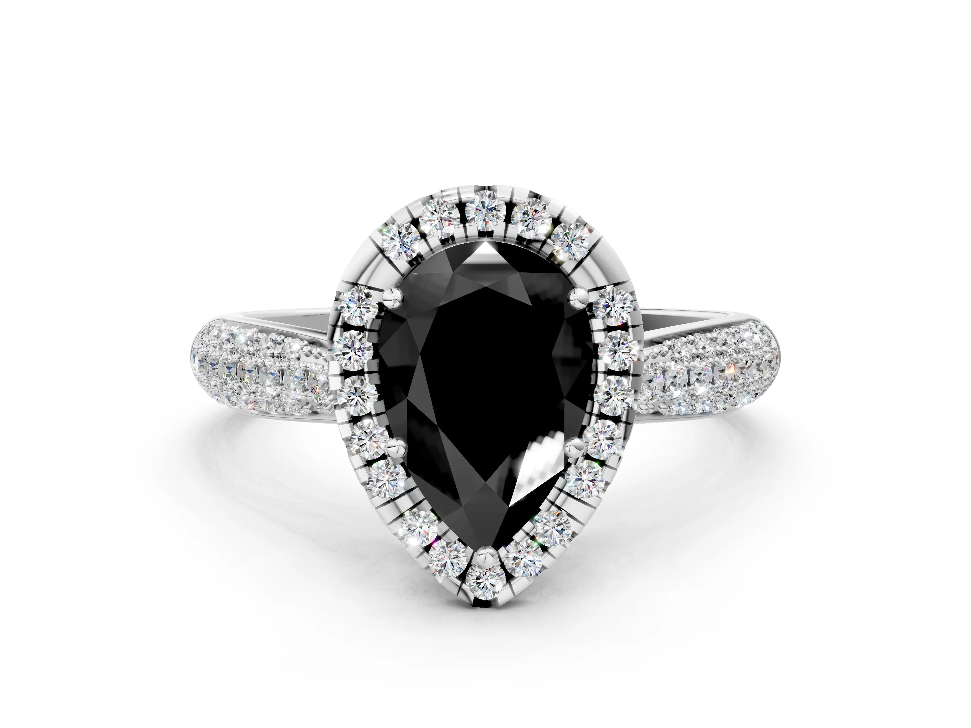 White gold Fancy Black Pear Cut Halo Diamond Ring with Pavé Band_12